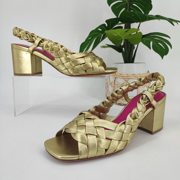 Trina Turk Gold Braided Block Heel Sandals - Picture 1 of 9